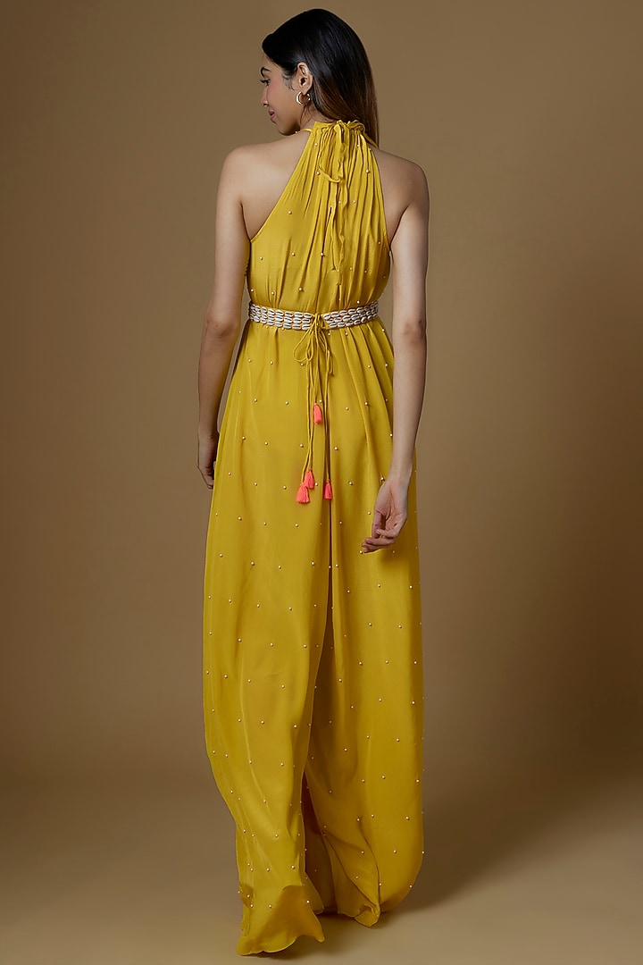 Yellow Crepe Embroidered Jumpsuit With Belt by Maison Blu at Pernia's Pop Up Shop
