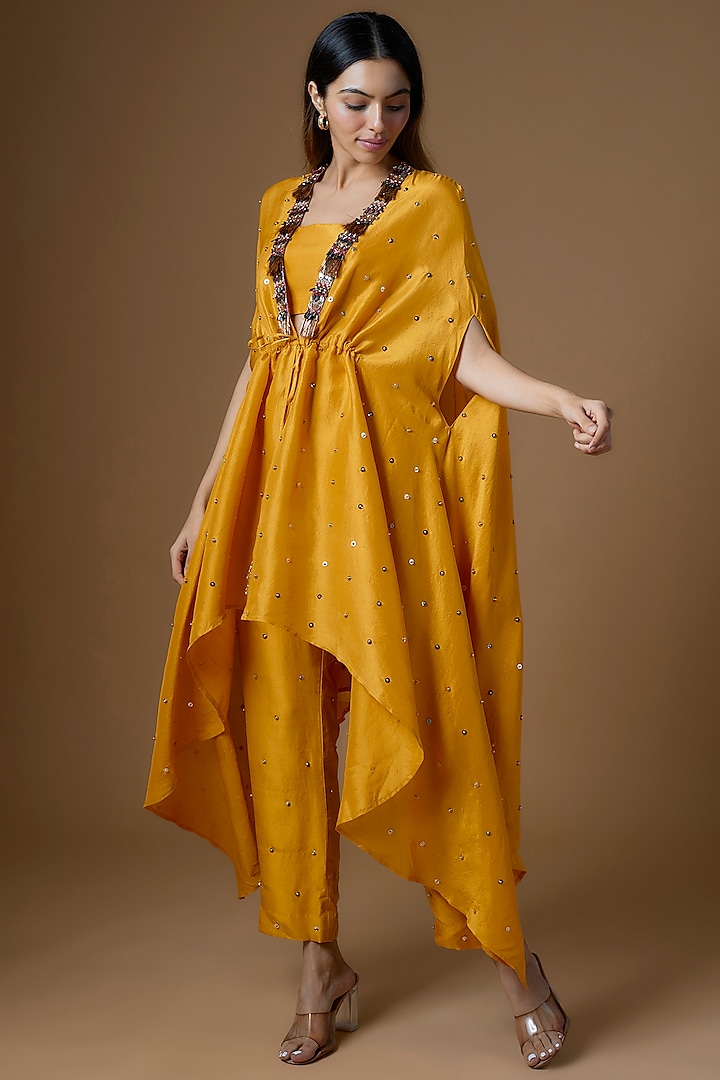 Mustard Yellow Dupion Silk Sequins Embroidered Cape Set by Maison Blu