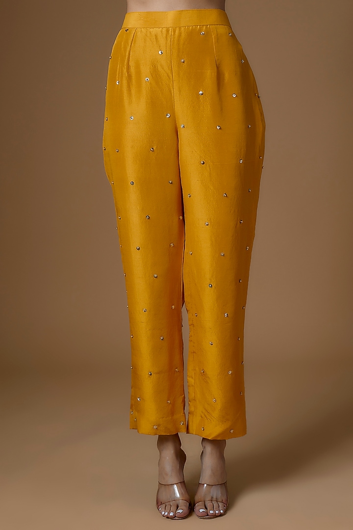Mustard Yellow Dupion Silk Sequins Embroidered Cape Set by Maison Blu at Pernia's Pop Up Shop