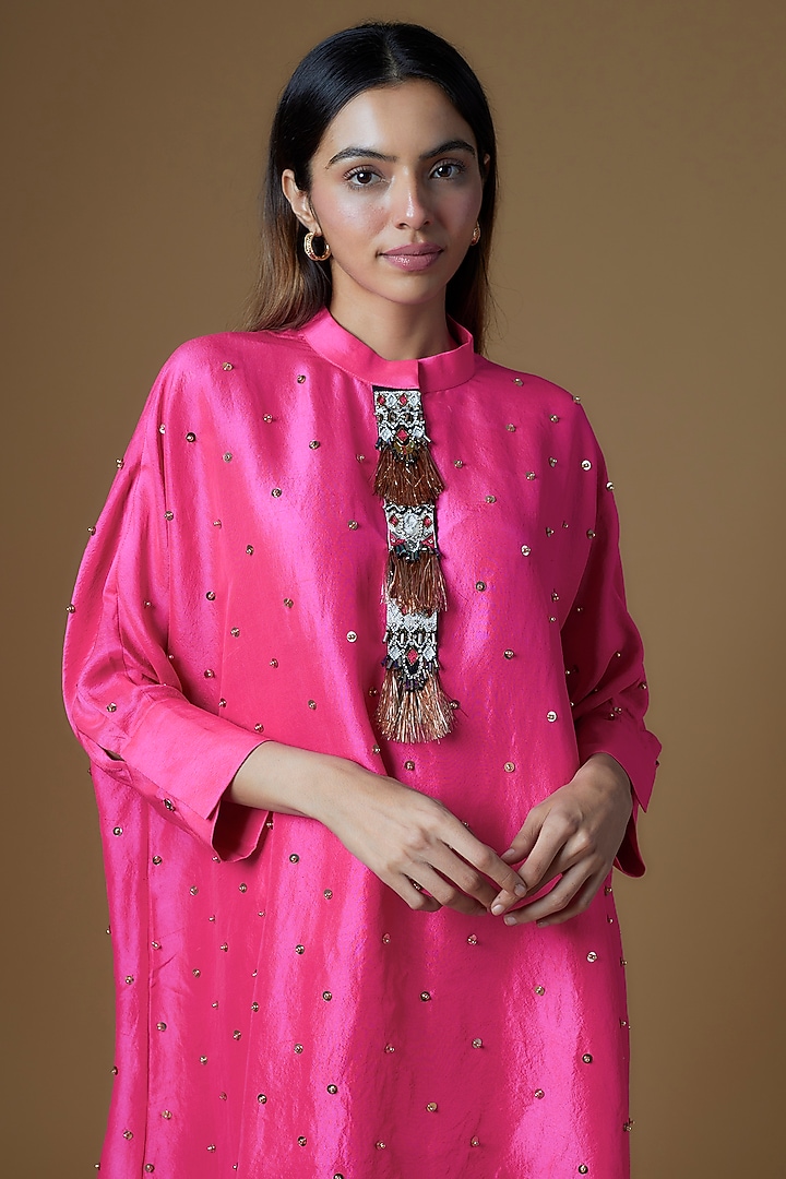 Hot Pink Silk & Dupion Silk Sequins Embroidered Kurta Set by Maison Blu at Pernia's Pop Up Shop
