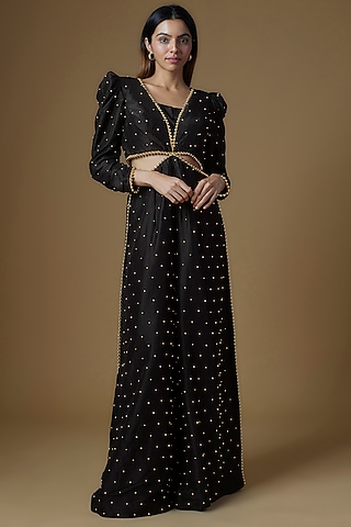 Black Dupion Silk Embroidered Jumpsuit by Maison Blu
