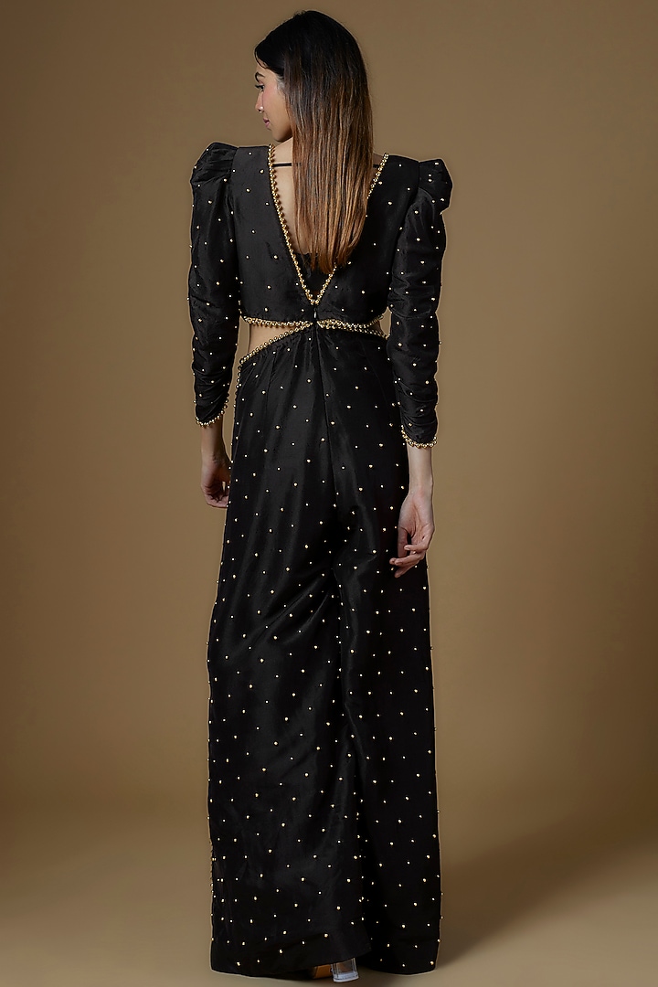 Black Dupion Silk Embroidered Jumpsuit by Maison Blu at Pernia's Pop Up Shop