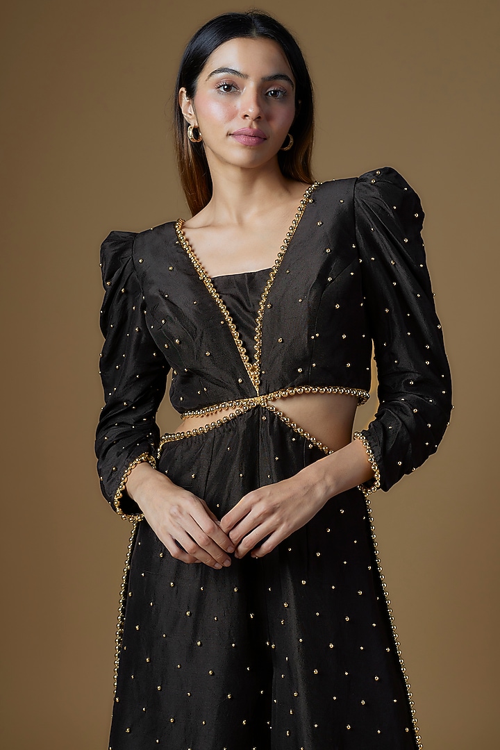 Black Dupion Silk Embroidered Jumpsuit by Maison Blu at Pernia's Pop Up Shop