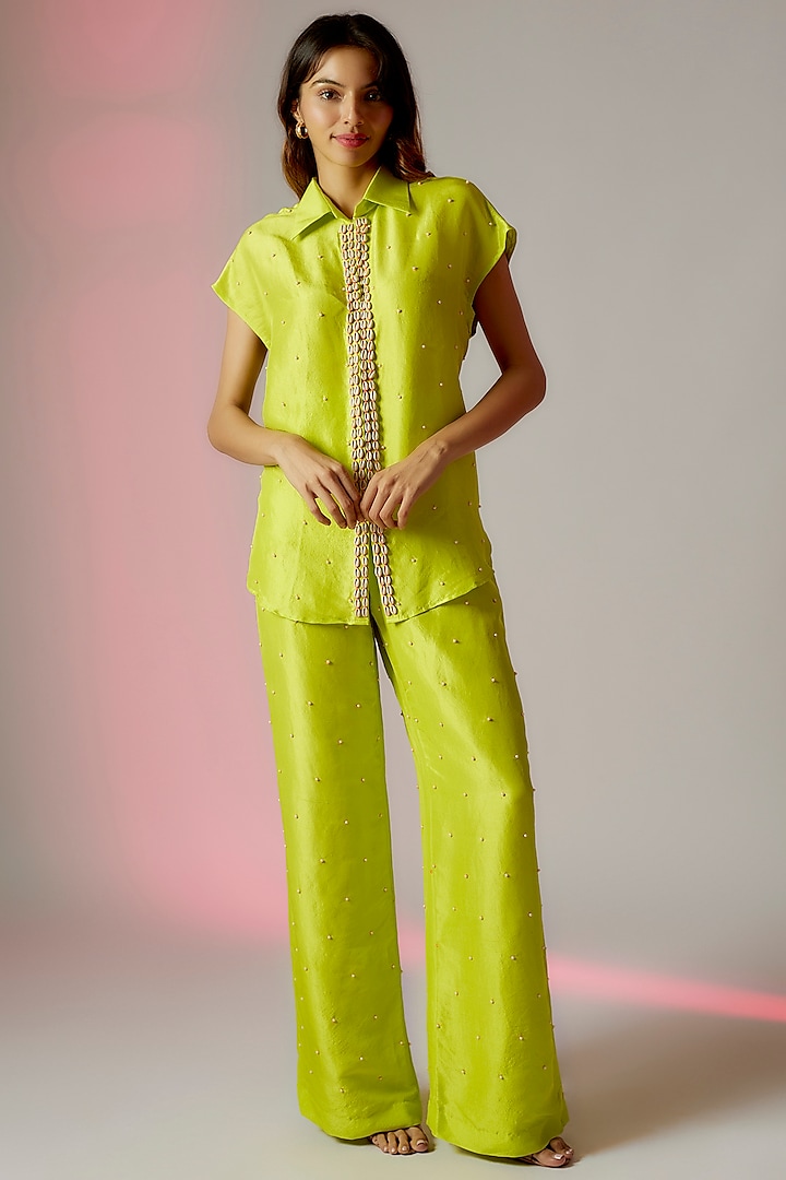 Lime Green Dupion Silk Embroidered Co-Ord Set by Maison Blu