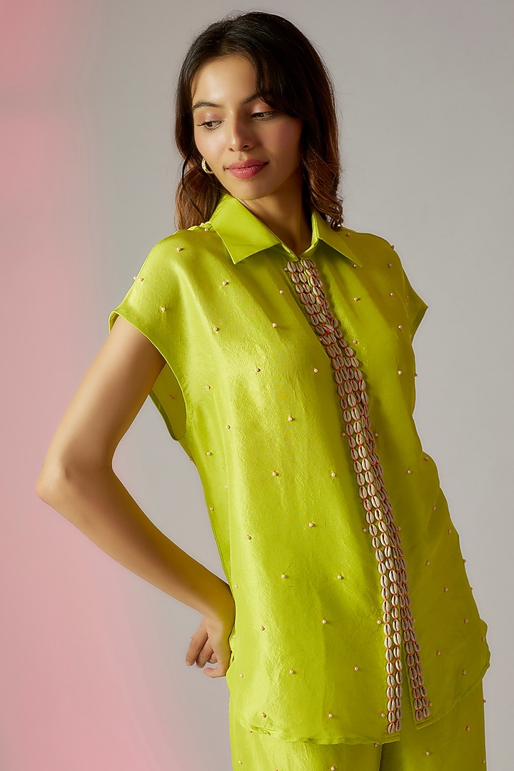 Lime Green Dupion Silk Embroidered Co-Ord Set by Maison Blu at Pernia's Pop Up Shop