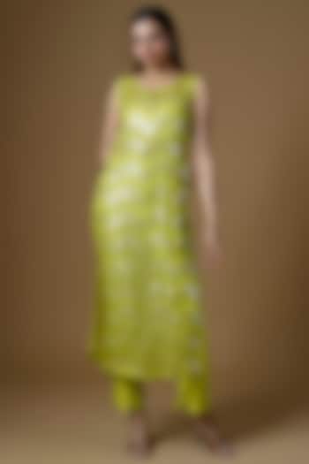 Lime Green Chanderi Silk & Organza Embroidered Kurta Set by Maison Blu at Pernia's Pop Up Shop