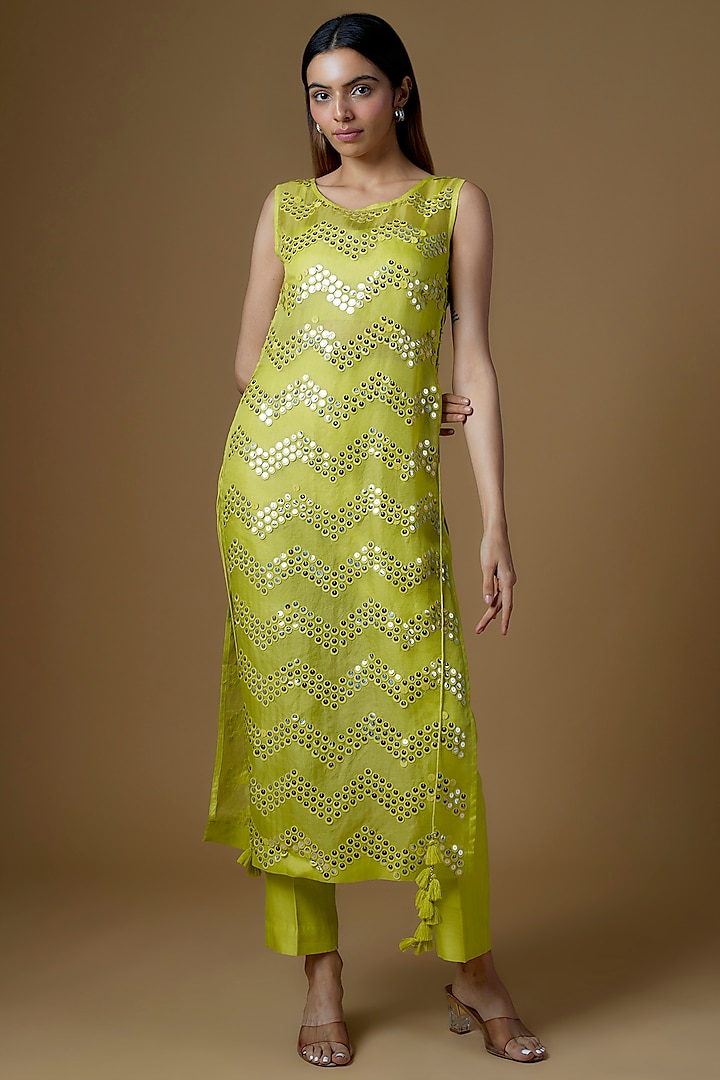 Lime Green Chanderi Silk & Organza Embroidered Kurta Set by Maison Blu at Pernia's Pop Up Shop