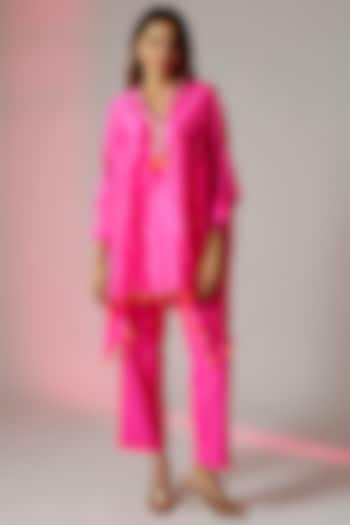 Hot Pink Dupion & Spun Silk Embroidered Kurta Set by Maison Blu at Pernia's Pop Up Shop