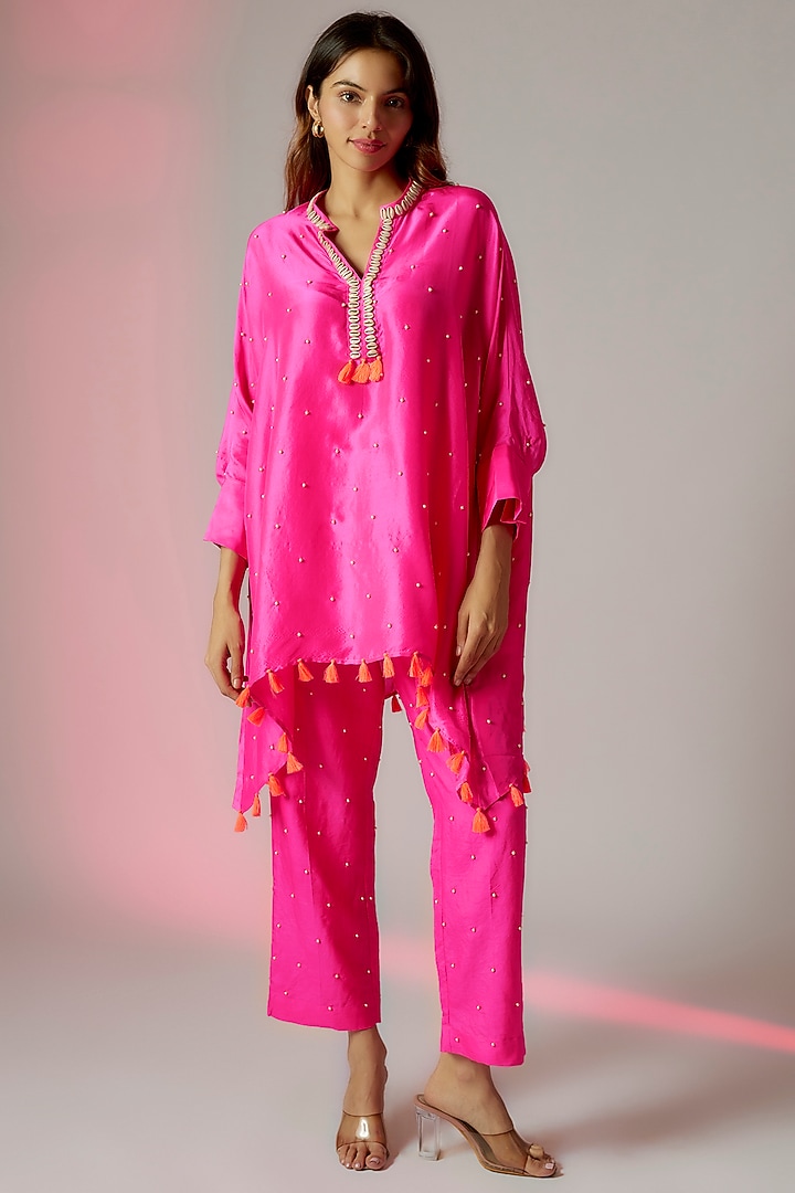 Hot Pink Dupion & Spun Silk Embroidered Kurta Set by Maison Blu at Pernia's Pop Up Shop