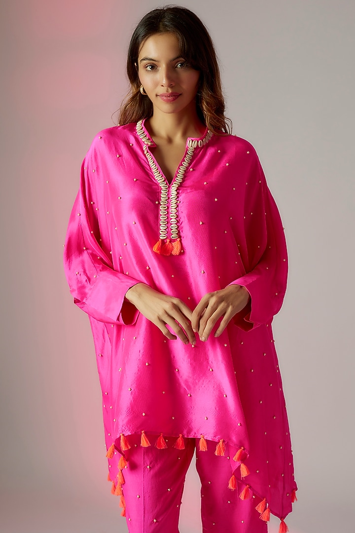Hot Pink Dupion & Spun Silk Embroidered Kurta Set by Maison Blu at Pernia's Pop Up Shop
