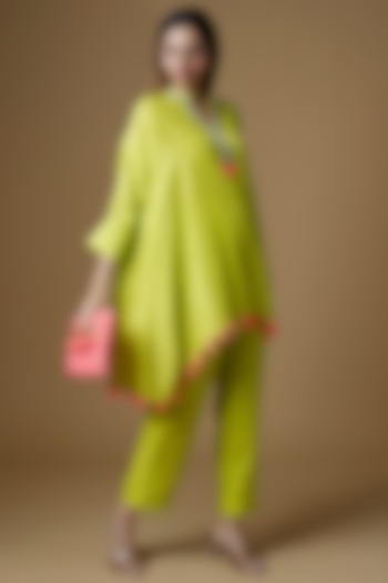 Lime Green Dupion Silk & Silk Embroidered Kurta Set by Maison Blu at Pernia's Pop Up Shop