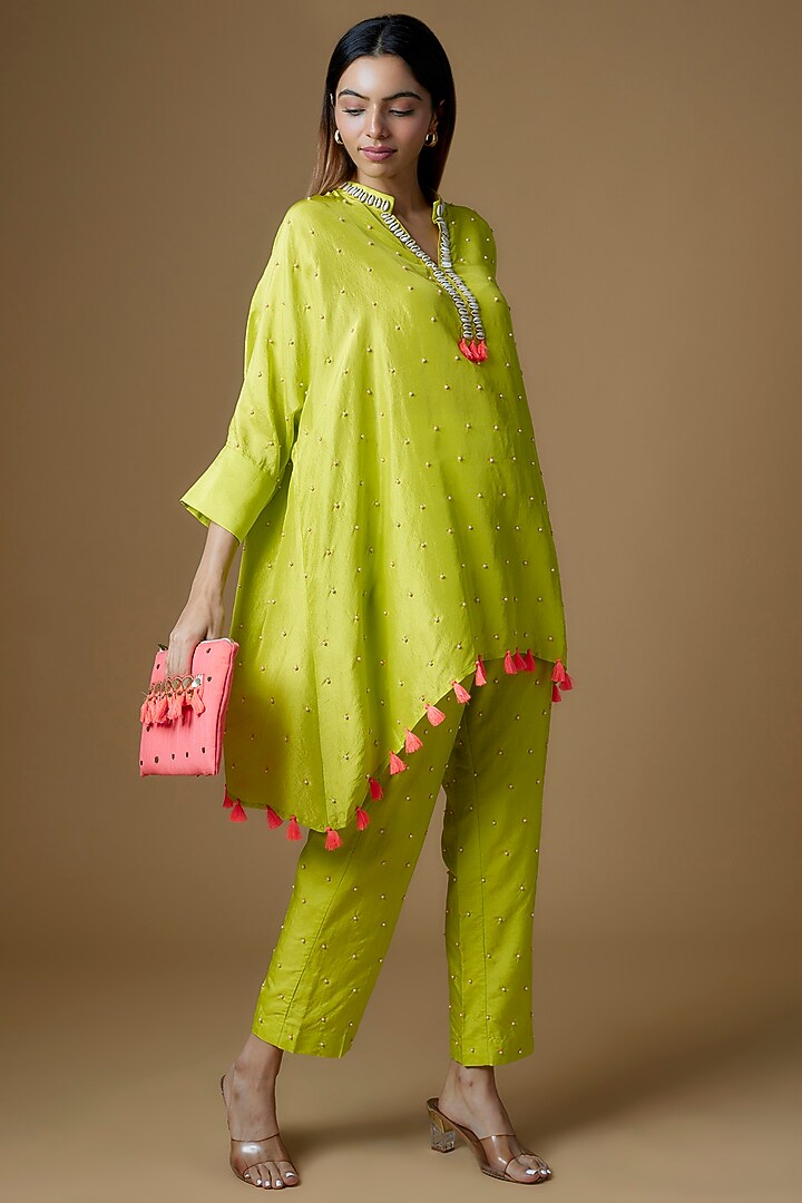 Lime Green Dupion Silk & Silk Embroidered Kurta Set by Maison Blu at Pernia's Pop Up Shop