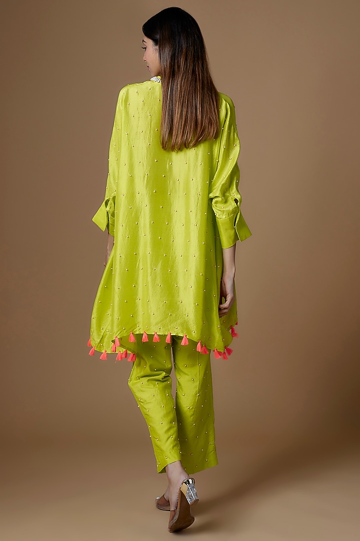 Lime Green Dupion Silk & Silk Embroidered Kurta Set by Maison Blu at Pernia's Pop Up Shop
