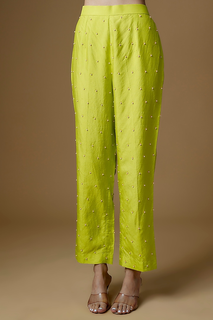 Lime Green Dupion Silk & Silk Embroidered Kurta Set by Maison Blu at Pernia's Pop Up Shop