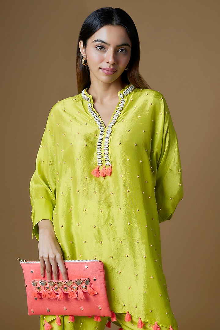 Lime Green Dupion Silk & Silk Embroidered Kurta Set by Maison Blu at Pernia's Pop Up Shop