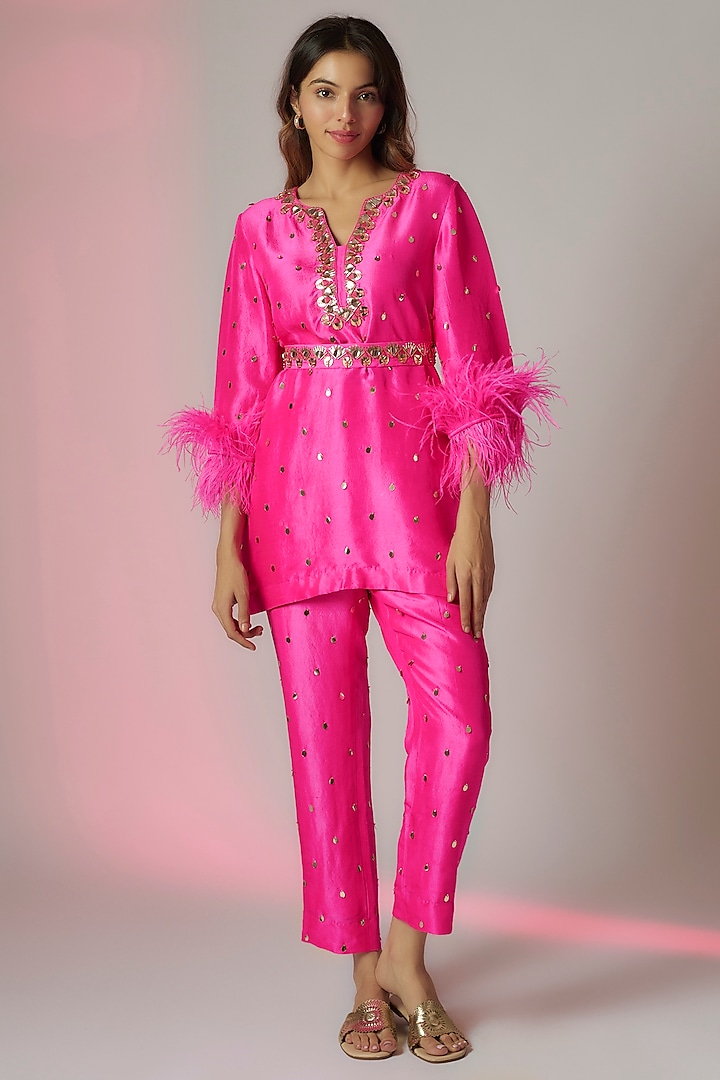 Pink Dupion Silk Embroidered Kurta Set by Maison Blu