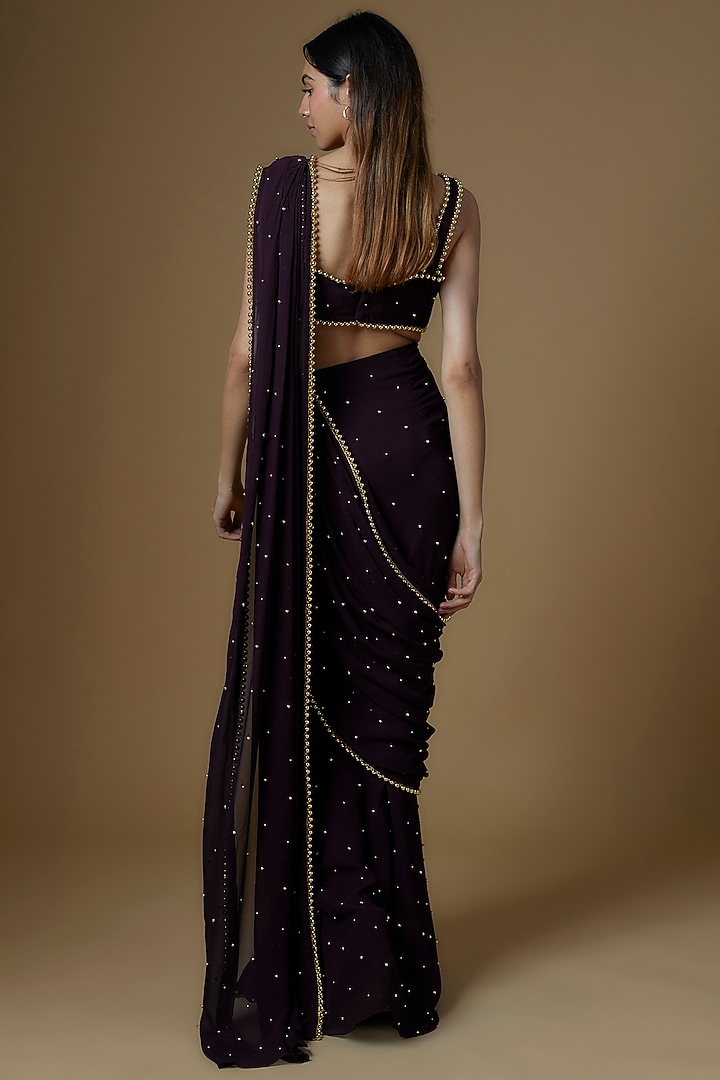 Plum Georgette Embroidered Draped Wedding Saree Set by Maison Blu at Pernia's Pop Up Shop