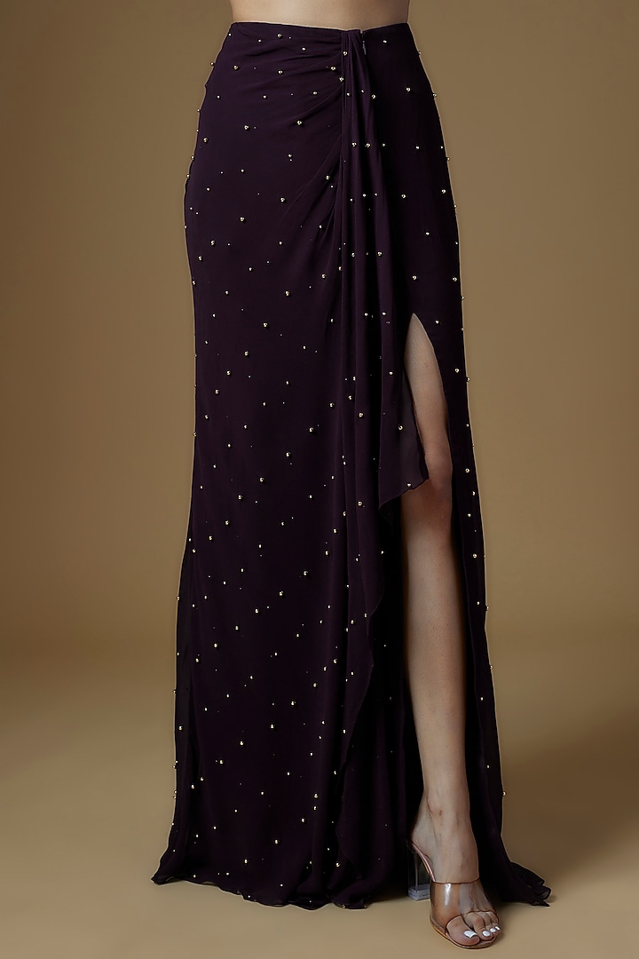 Plum Georgette Embroidered Draped Wedding Saree Set by Maison Blu at Pernia's Pop Up Shop