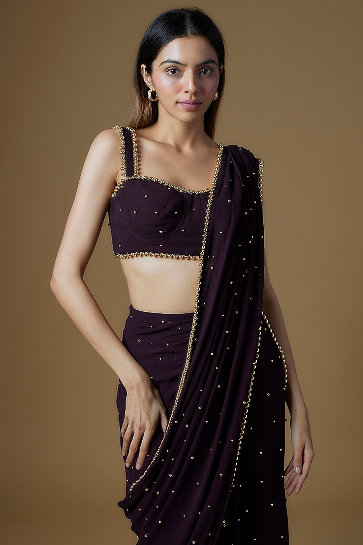 Plum Georgette Embroidered Draped Wedding Saree Set by Maison Blu at Pernia's Pop Up Shop