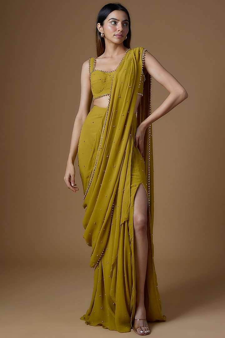 Green Georgette Embroidered Draped Wedding Saree Set by Maison Blu at Pernia's Pop Up Shop