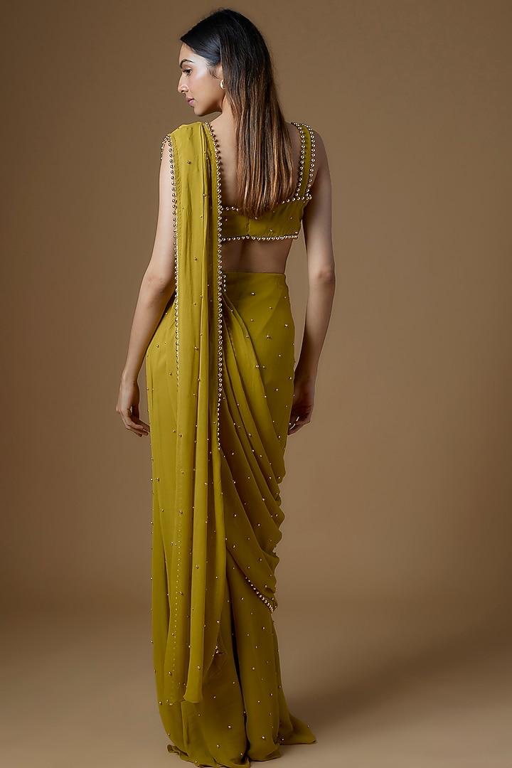 Green Georgette Embroidered Draped Wedding Saree Set by Maison Blu at Pernia's Pop Up Shop