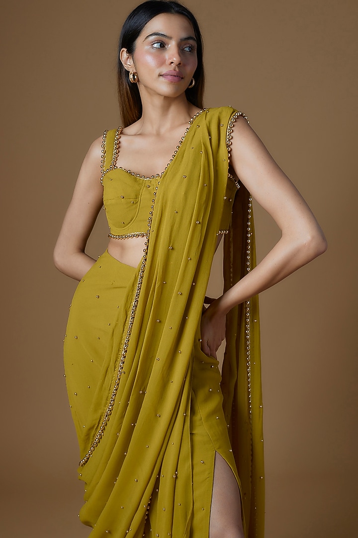 Green Georgette Embroidered Draped Wedding Saree Set by Maison Blu at Pernia's Pop Up Shop