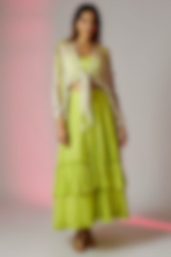 Lime Green Flat Chiffon & Foil Georgette High-Low Skirt Set by Maison Blu at Pernia's Pop Up Shop