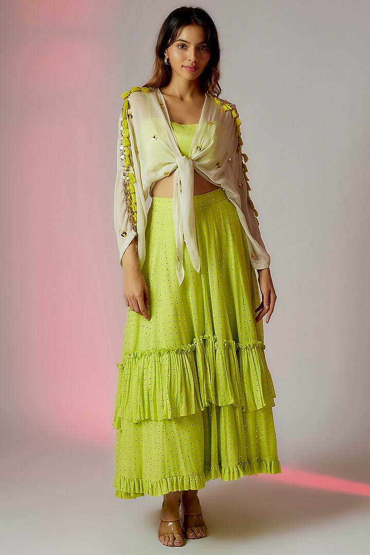 Lime Green Flat Chiffon & Foil Georgette High-Low Skirt Set by Maison Blu at Pernia's Pop Up Shop