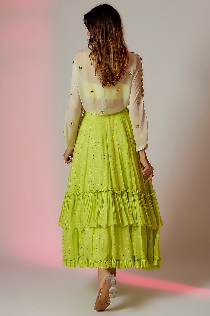 Lime Green Flat Chiffon & Foil Georgette High-Low Skirt Set by Maison Blu at Pernia's Pop Up Shop