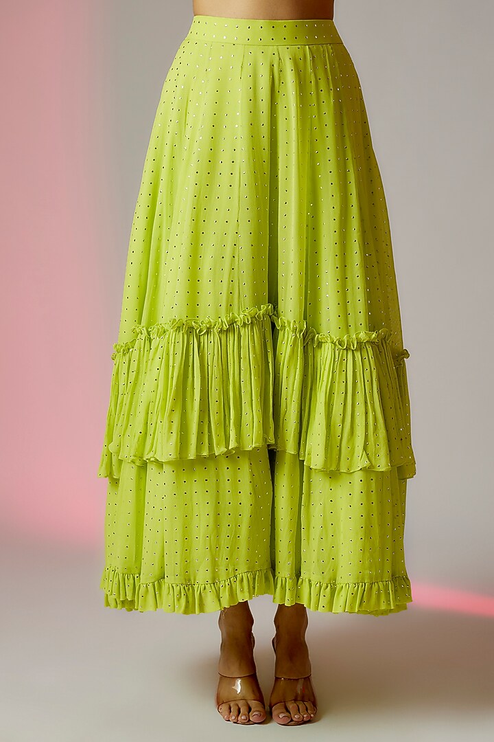 Lime Green Flat Chiffon & Foil Georgette High-Low Skirt Set by Maison Blu at Pernia's Pop Up Shop