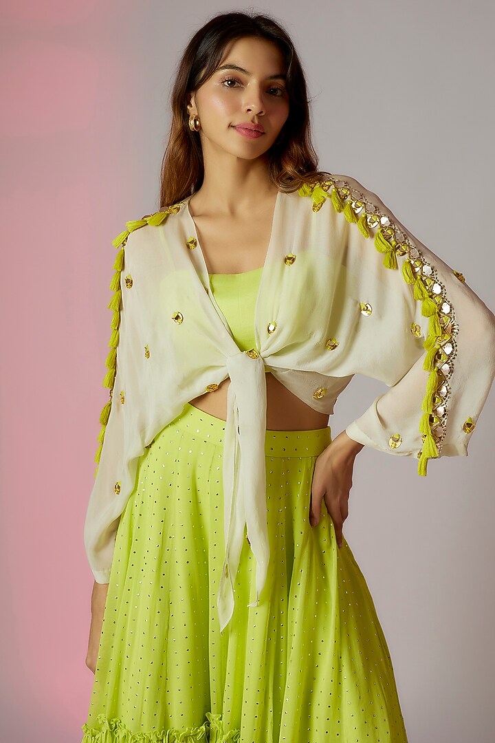 Lime Green Flat Chiffon & Foil Georgette High-Low Skirt Set by Maison Blu at Pernia's Pop Up Shop