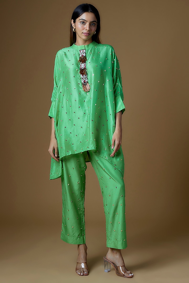 Green Dupion Silk Sequins Embroidered Kurta Set by Maison Blu