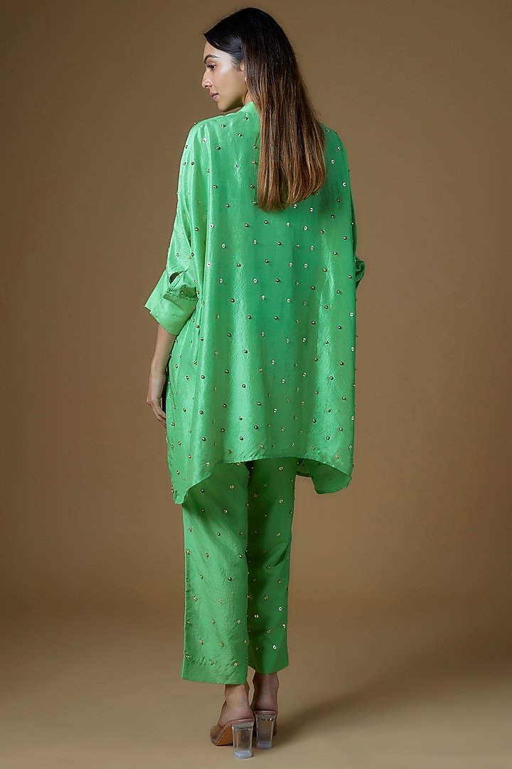 Green Dupion Silk Sequins Embroidered Kurta Set by Maison Blu at Pernia's Pop Up Shop