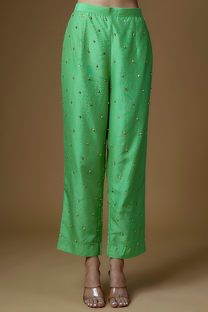 Green Dupion Silk Sequins Embroidered Kurta Set by Maison Blu at Pernia's Pop Up Shop