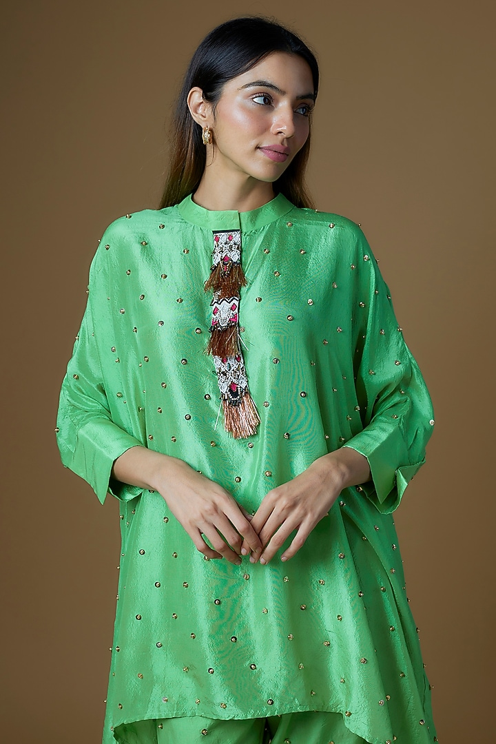 Green Dupion Silk Sequins Embroidered Kurta Set by Maison Blu at Pernia's Pop Up Shop