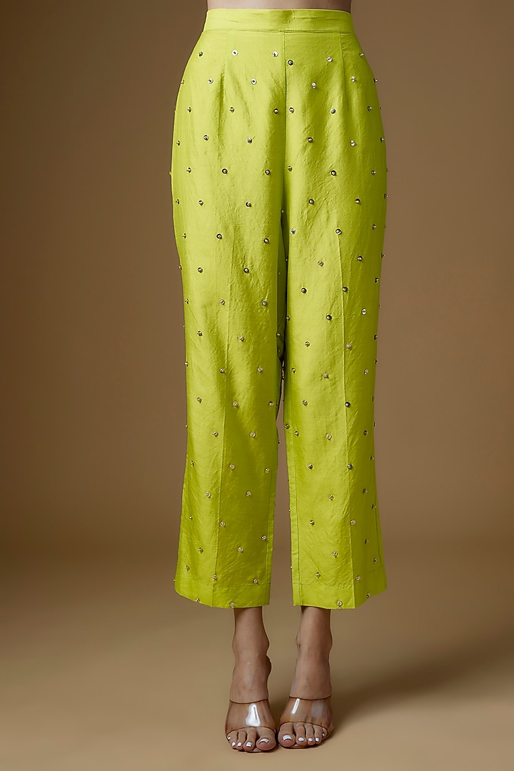 Lime Green Dupion Silk Sequins Embroidered Kurta Set by Maison Blu at Pernia's Pop Up Shop