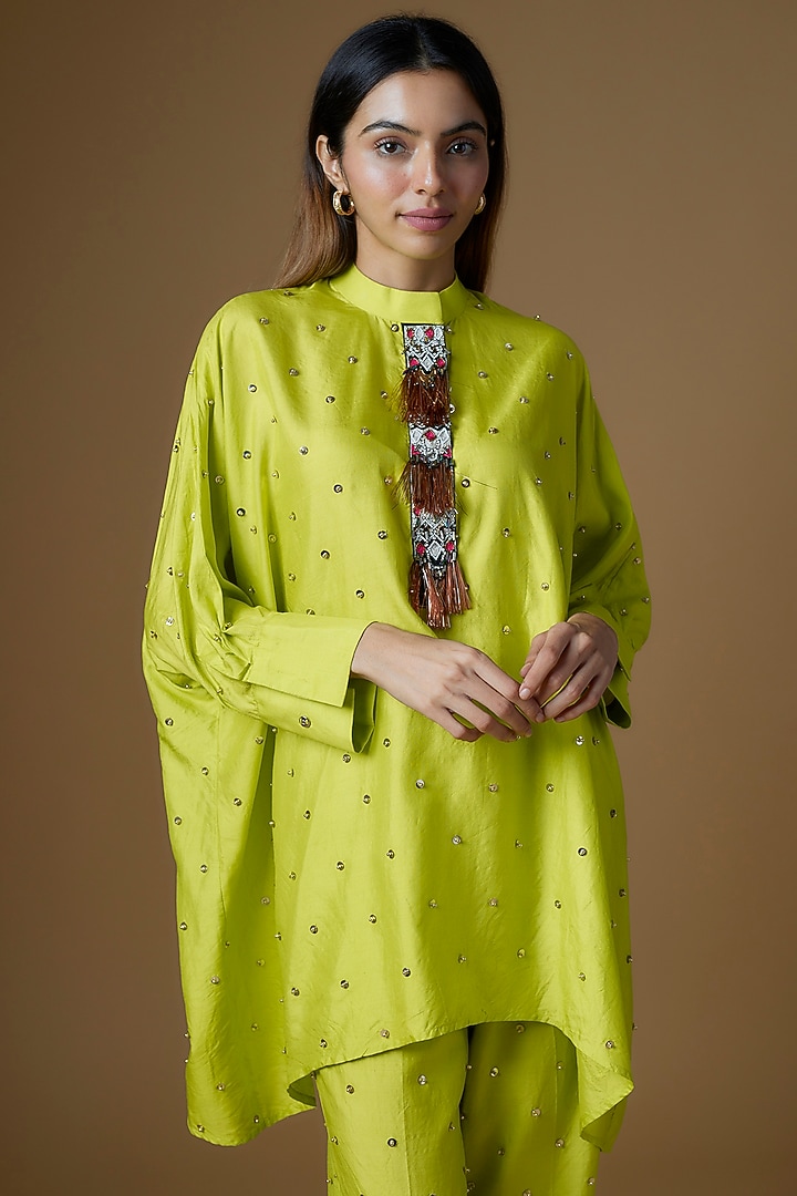 Lime Green Dupion Silk Sequins Embroidered Kurta Set by Maison Blu at Pernia's Pop Up Shop
