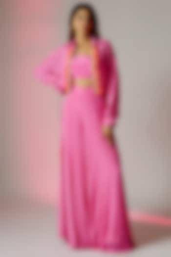 Neon Pink Crepe Embroidered Sharara Set by Maison Blu