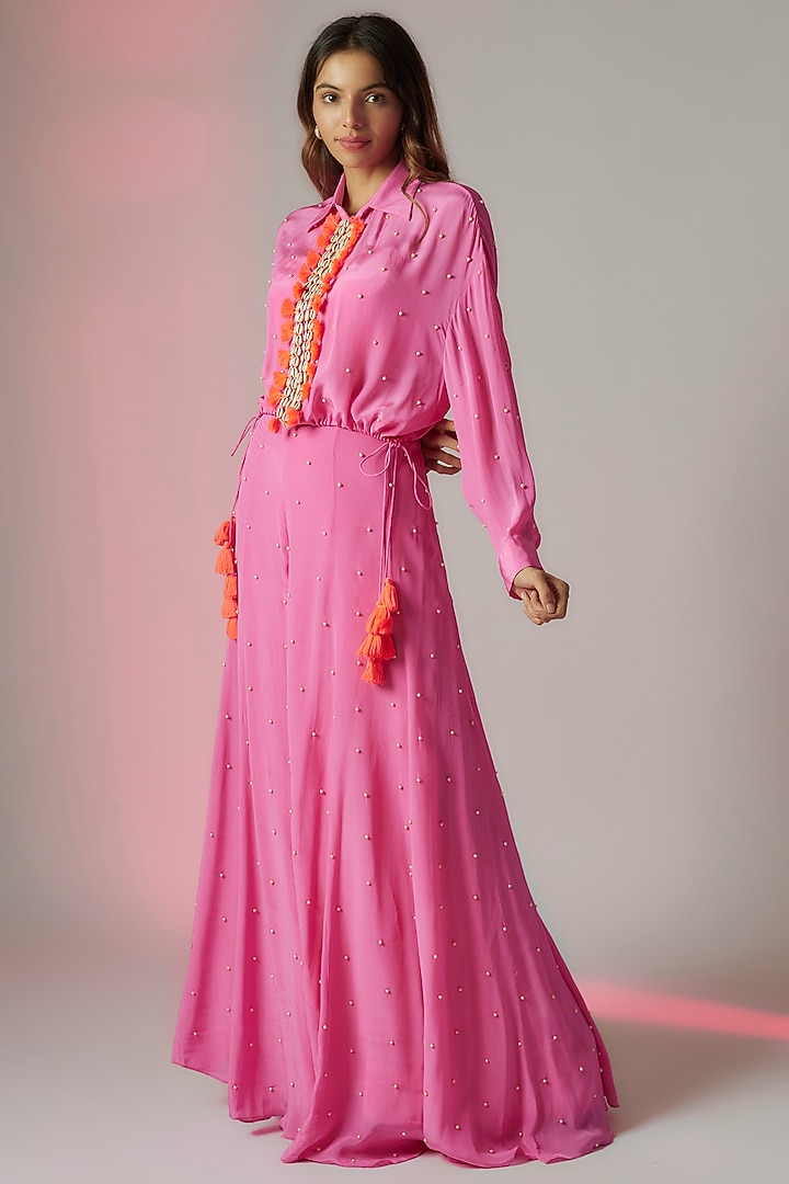Neon Pink Crepe Embroidered Wedding Sharara Set by Maison Blu at Pernia's Pop Up Shop