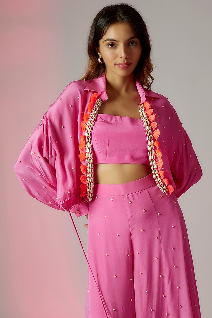 Neon Pink Crepe Embroidered Wedding Sharara Set by Maison Blu at Pernia's Pop Up Shop