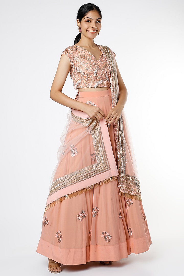 Pink Floral Embroidered Lehenga Set by Maison Blu