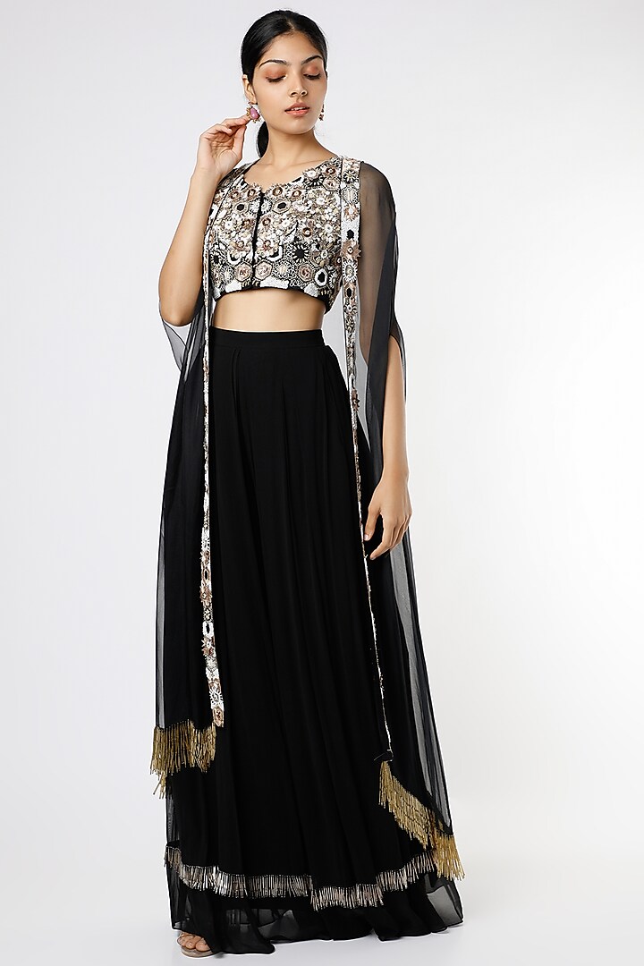 Black Embroidered Cape Set by Maison Blu