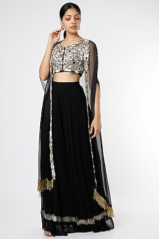 Black Embroidered Cape Set by Maison Blu