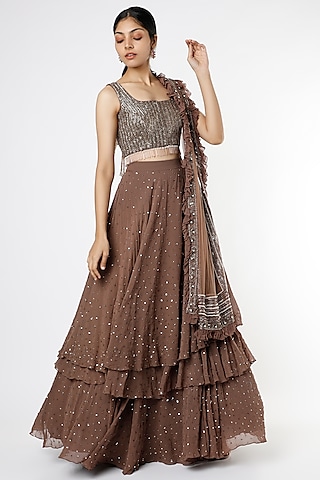 Brown Three Layered Lehenga Set by Maison Blu