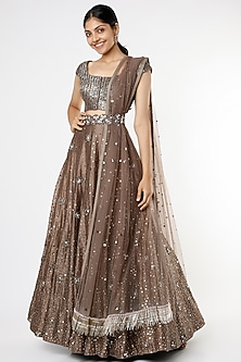 Brown Embellished Lehenga Set by Maison Blu-SEQUINS