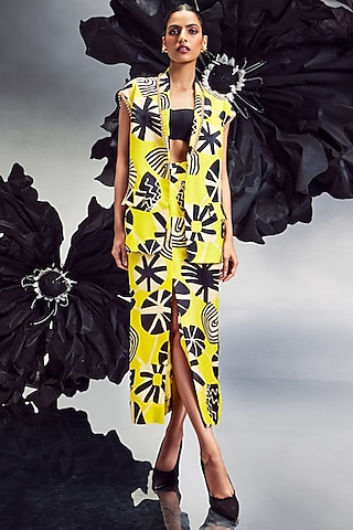 Yellow Silk Printed Blazer Set by Maison Blu
