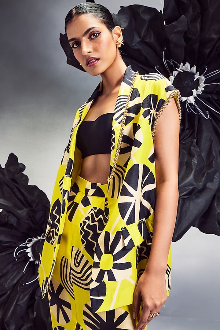 Yellow Silk Printed Blazer Set by Maison Blu at Pernia's Pop Up Shop