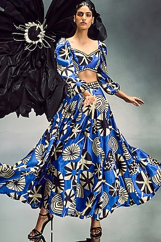 Cobalt Blue Silk Printed Skirt Set by Maison Blu