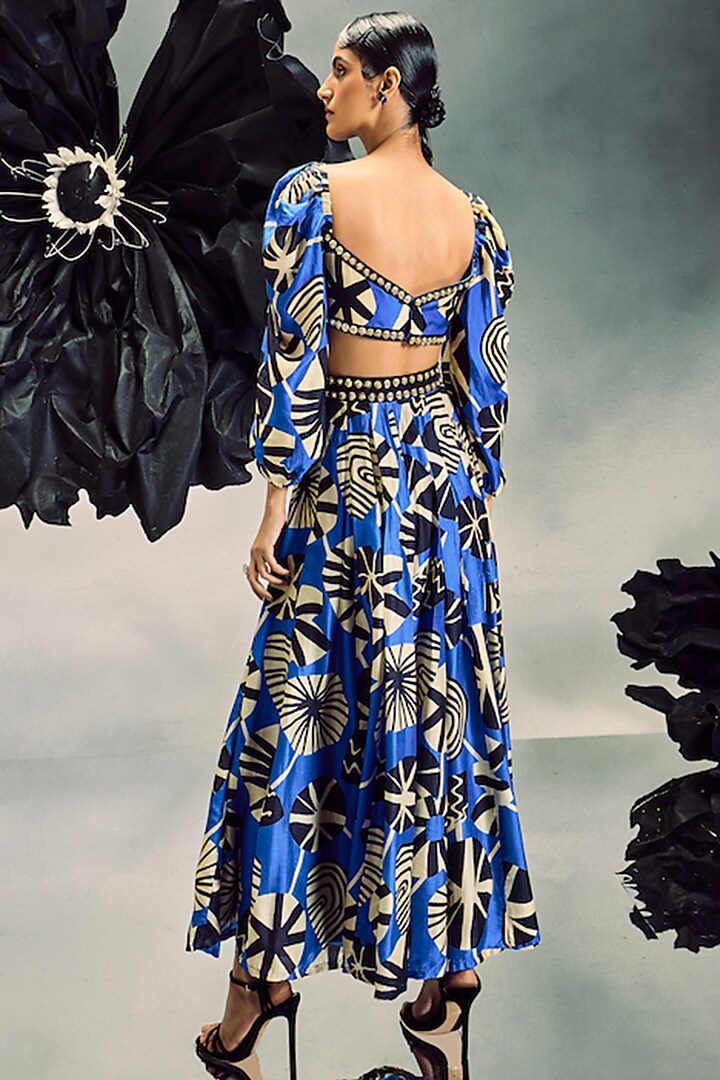 Cobalt Blue Silk Printed Skirt Set by Maison Blu at Pernia's Pop Up Shop