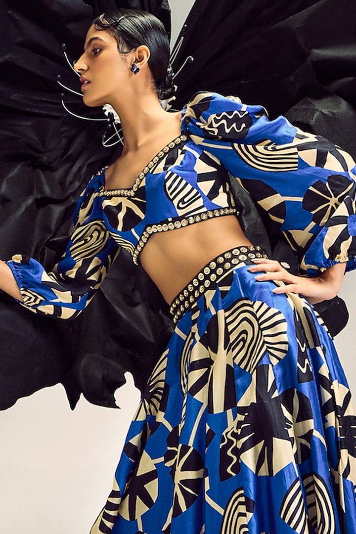 Cobalt Blue Silk Printed Skirt Set by Maison Blu at Pernia's Pop Up Shop